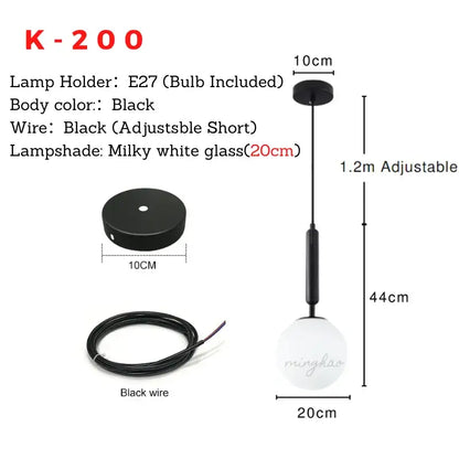 Black K-200 pendant light with milky white glass ball shade and adjustable wire for minimalist dining room decorbites fixture