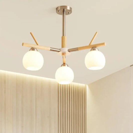 Lámpara de techo minimalista con cúpula de cristal blanco y decoración de ramas de madera - Lámpara colgante para salón