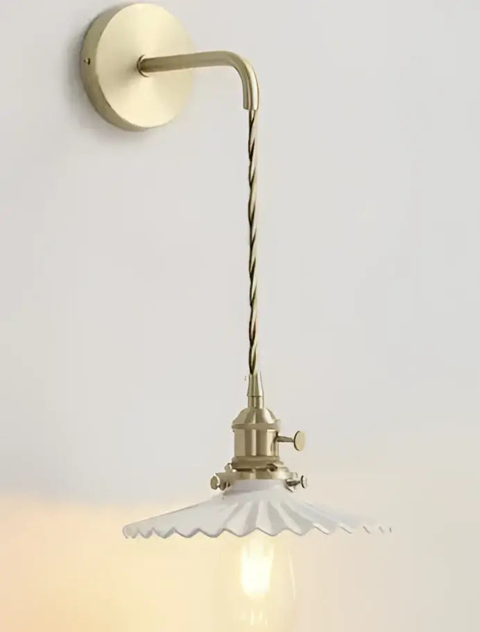 Brass-finished minimalist white glass pendant light with twisted cord and scalloped shade for dining room pendant lights