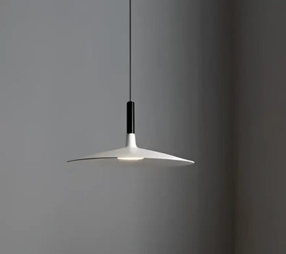 Minimalist white glass pendant light with sleek disc-shaped shade and black stem ideal for dining room pendant lights