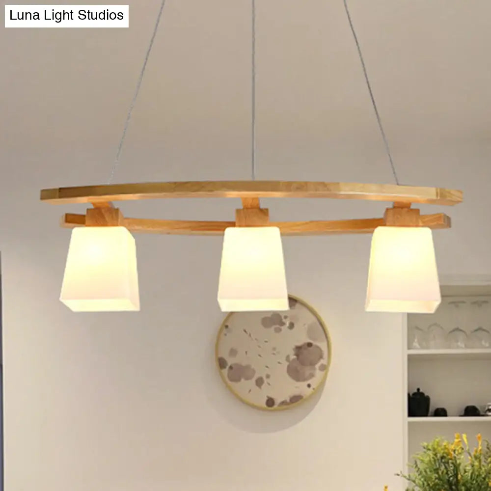 Minimalist White Glass Trapezoid Cluster Pendant with 3 Bulbs - Wood Suspension Lighting for Kitchen