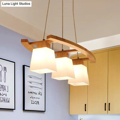 Minimalist White Glass Trapezoid Cluster Pendant with 3 Bulbs - Wood Suspension Lighting for Kitchen