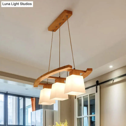 Minimalist White Glass Trapezoid Cluster Pendant with 3 Bulbs - Wood Suspension Lighting for Kitchen