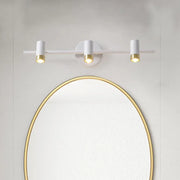 Minimalist white and gold three-arm vanity lamp with cylindrical bulb base on a sleek horizontal bar light type
