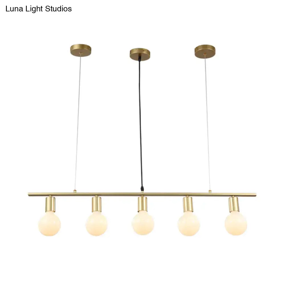 Modern brass pendant white gold linear metal island lighting with five frosted glass globe bulbs for dining room
