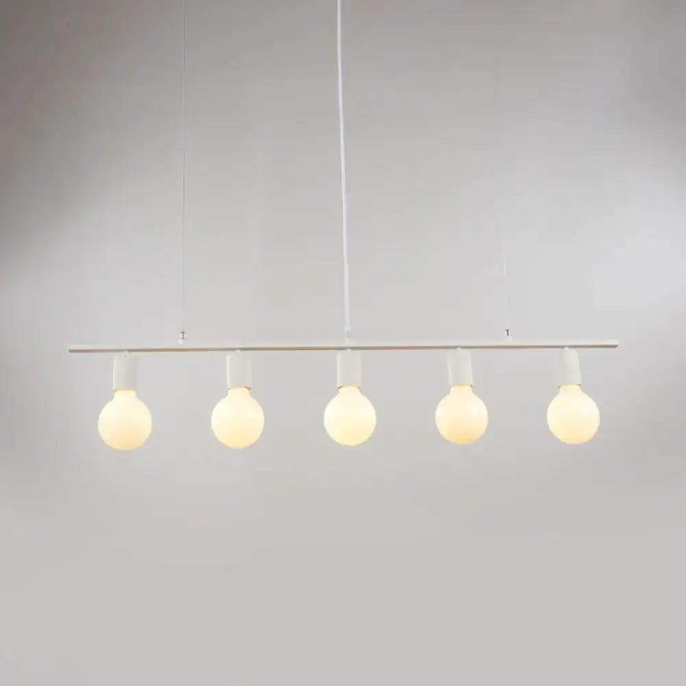 Minimalist white gold linear metal island lighting with five warm frosted glass bulbs for dining room