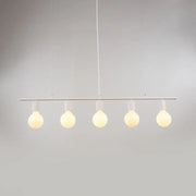 Minimalist white gold linear metal island lighting with five warm frosted glass bulbs for dining room