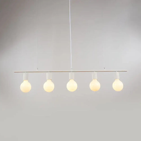 Minimalist white gold linear metal island lighting with five warm frosted glass bulbs for dining room