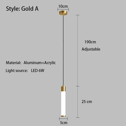 Gold-finished minimalist linear pendant light with white finish acrylic diffuser and adjustable aluminum hardware for kitchen island lighting