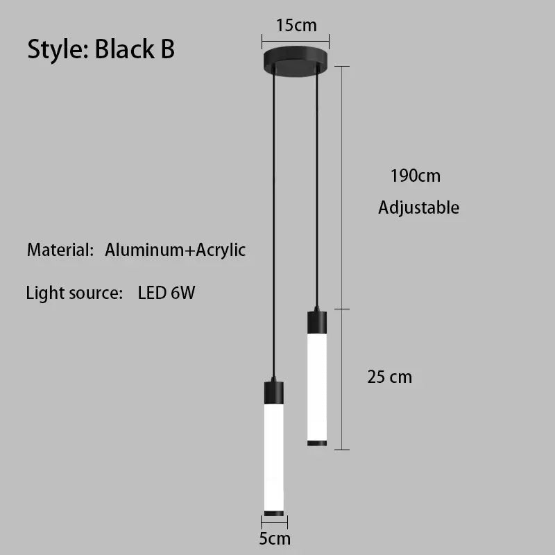 Black b style adjustable linear pendant light with aluminum and acrylic vertical led tubes and black cords
