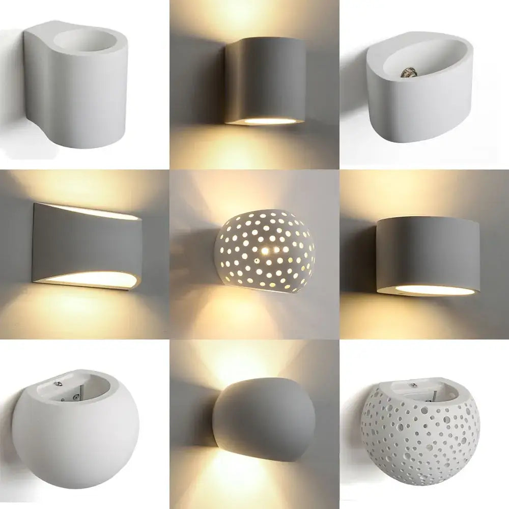Modern minimalist matte white and gray gypsum wall lamp with cylindrical and spherical perforated designs for living room