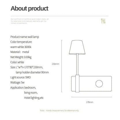 Minimalist white metal led usb wall lamp with sleek design and warm white 3000k light for bedroom night use