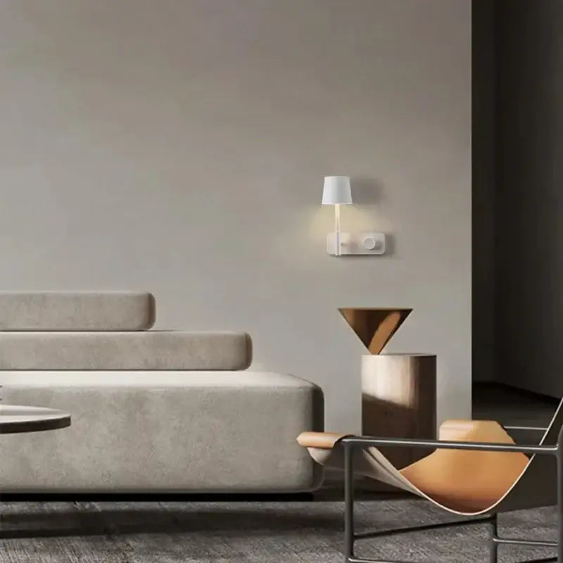 Minimalist white led usb wall lamp with cylindrical shade and sleek modern design for bedroom night light use