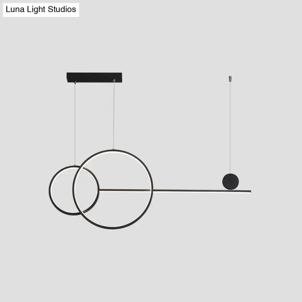 Modern black minimalist metal linear led hanging lamp with intersecting rings and spherical element for dining rooms