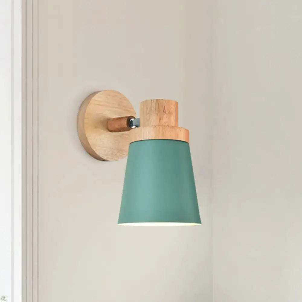 Teal cone-shaped wall lamp sconce with natural wood base and mounting plate for minimalist living room decor