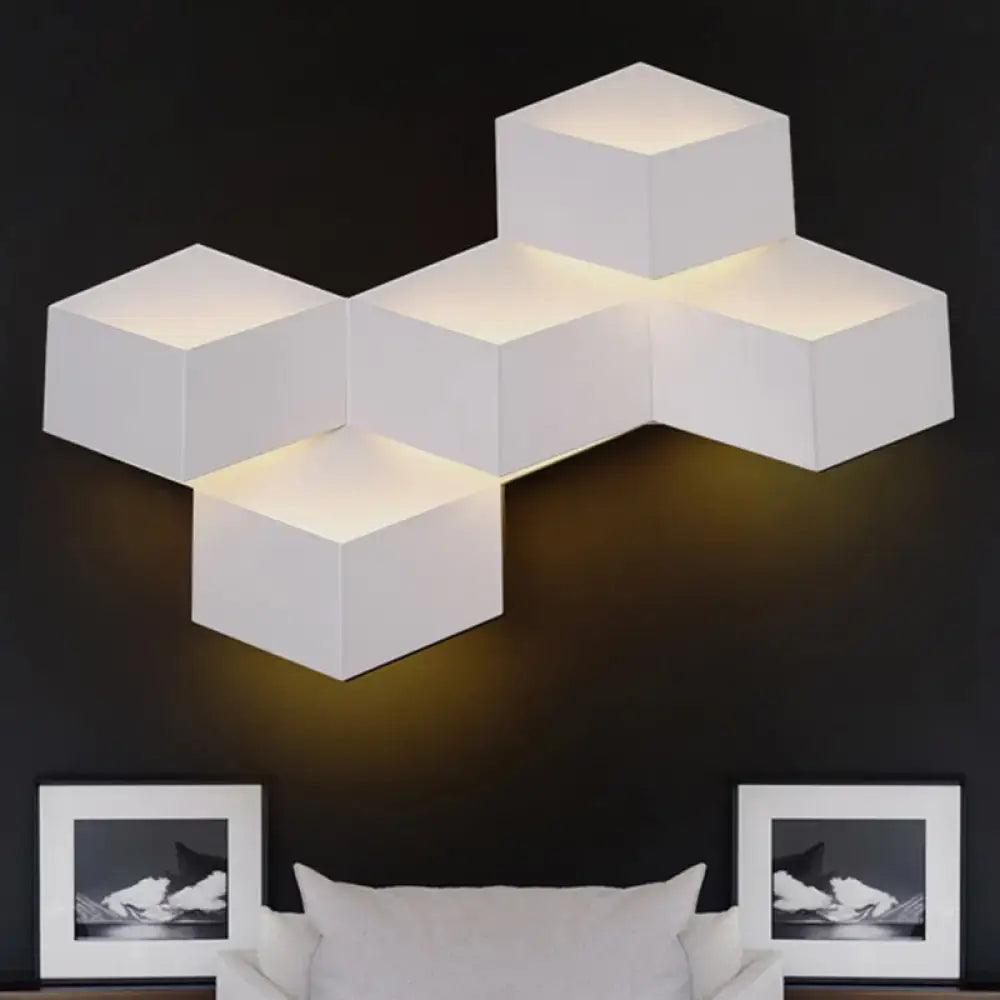 Minimalist white metallic geometric wall lamp with modern modular cube design for corridor lighting