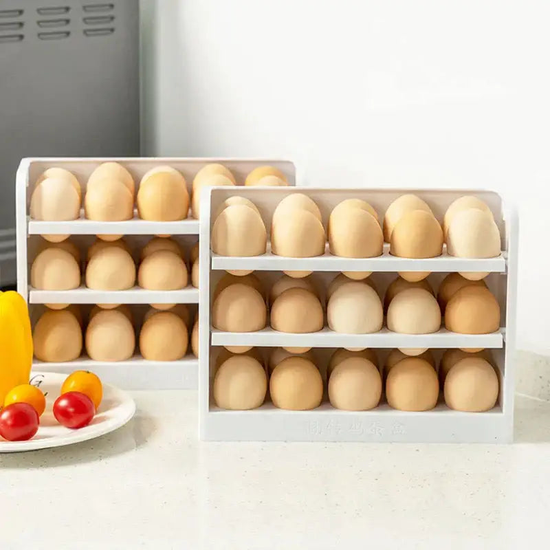 Minimalist white plastic egg storage rack with tiered compartments holding multiple brown eggs for kitchen organization