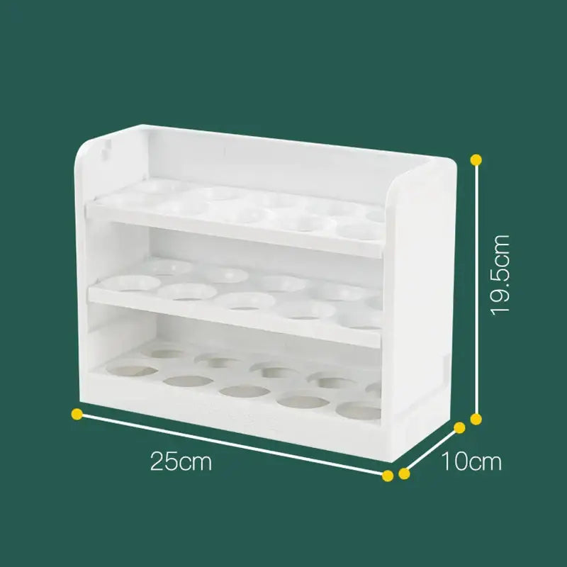 Minimalist white plastic three-tiered egg storage rack with rounded edges and circular indentations for kitchen organization