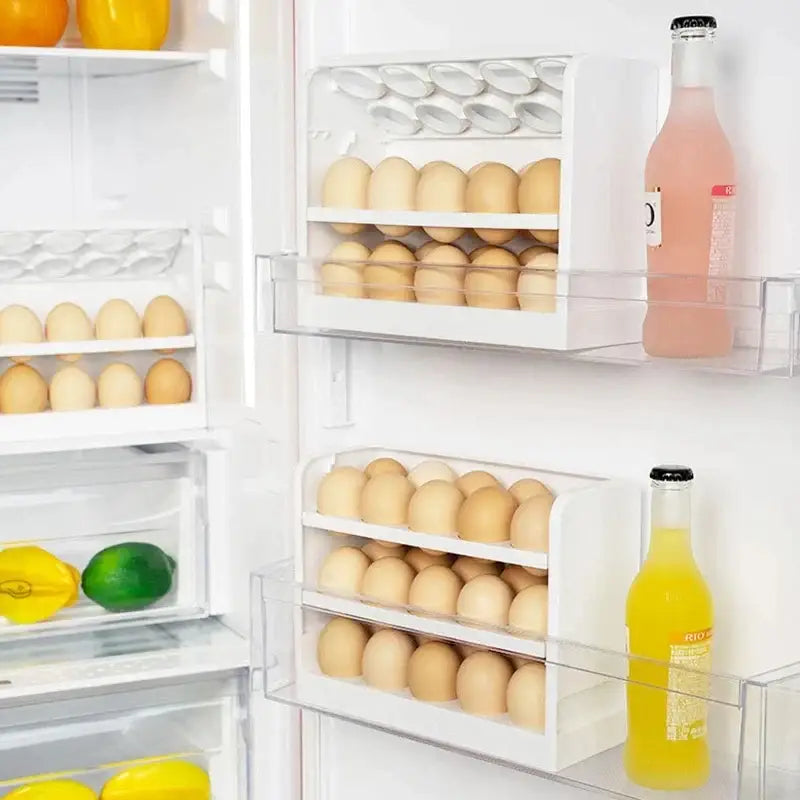 Minimalist white plastic egg storage rack with multiple compartments holding brown eggs for kitchen organization