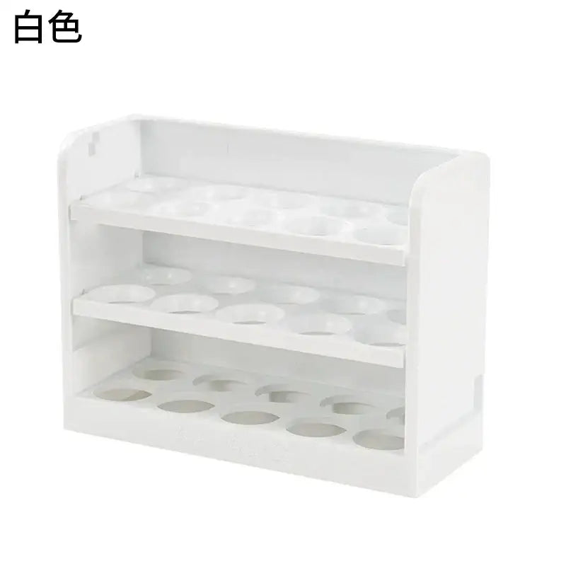 Minimalist white plastic three-tiered egg storage rack with circular indentations for organized egg storage