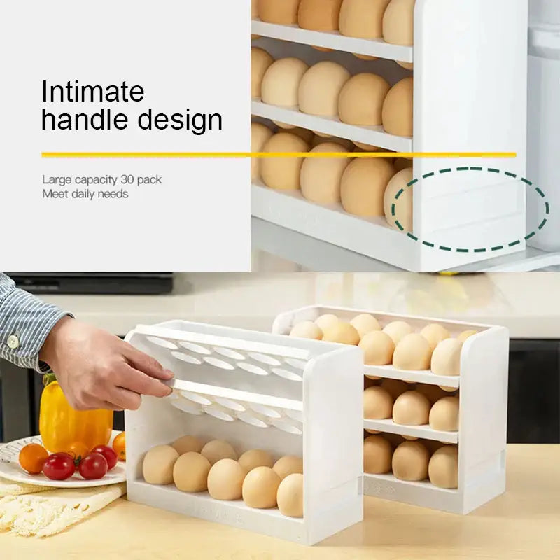 Minimalist white plastic egg storage rack with three tiers and an intimate handle design for kitchen organization