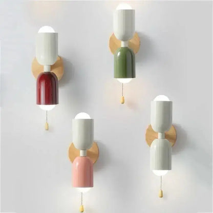 Minimalist wall lamp with cream zipper wooden backplates featuring white and pink ceramic shades by decorbites cream zipper
