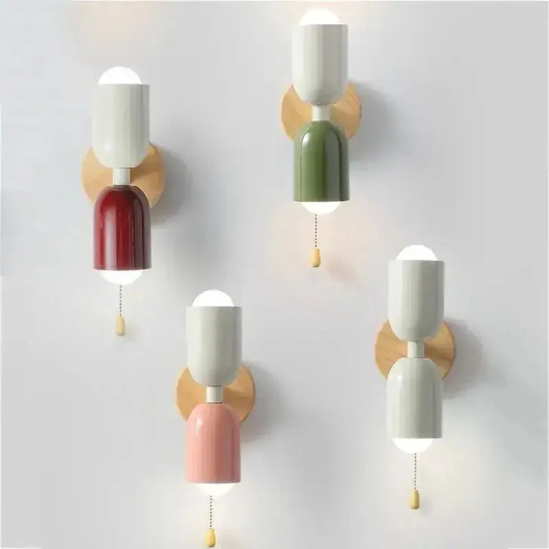 Minimalist wall lamp with cream zipper wooden backplates featuring white and pink ceramic shades by decorbites cream zipper