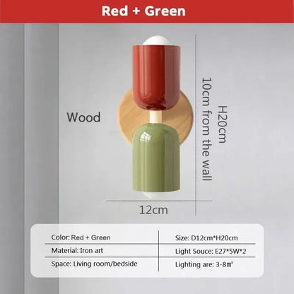 Red and green iron art wall lamp with wooden circular base decorbites cream zipper wooden bedroom light decor