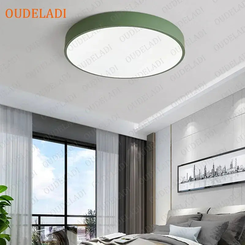 Oudeladi ceiling light with matte green outer ring and bright white center for decorbites colorful round led bedroom use