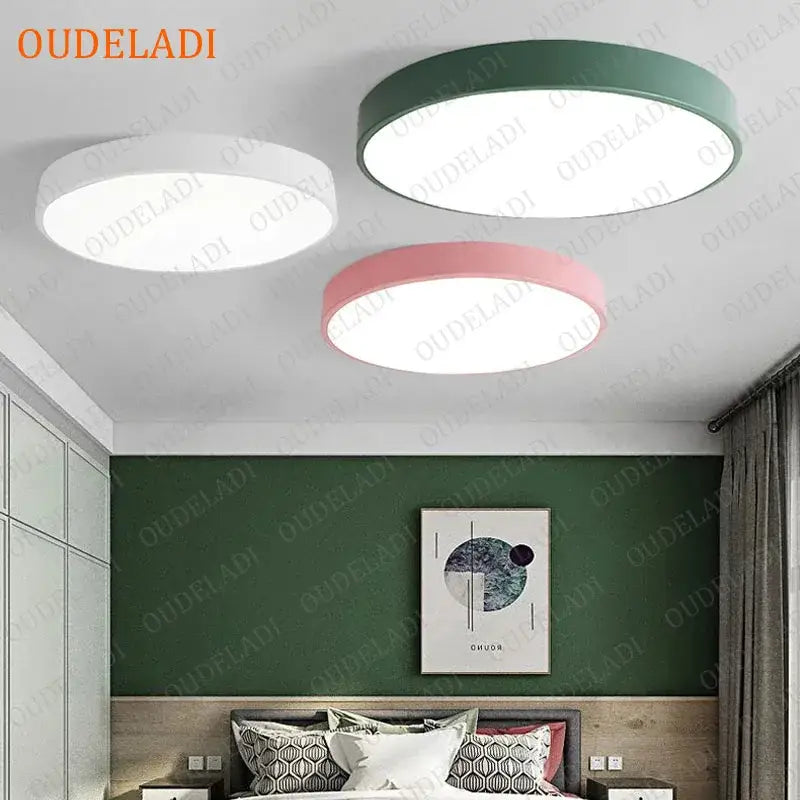Minimalist white pink and green colorful round led ceiling light by decorbites for modern bedroom decor