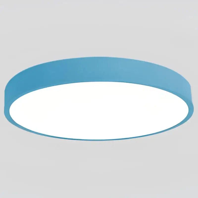 A sleek colorful round led ceiling light with a soft blue frame and bright white center for bedroom decorbites ceiling light