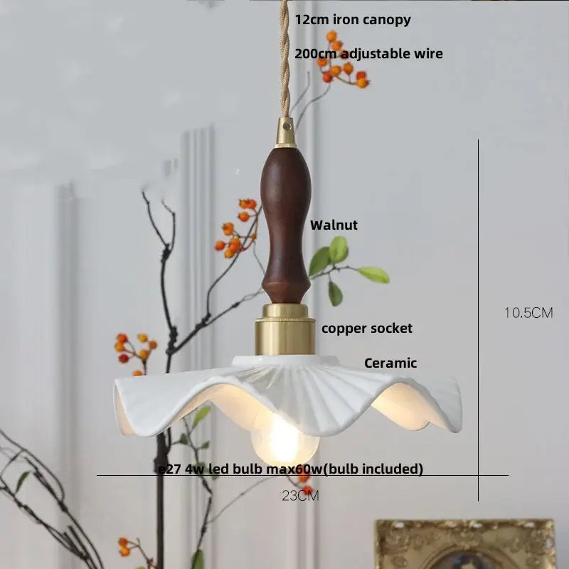Minimalist white pleated ceramic pendant light with dark walnut handle for dining room home decor by decorbites ceramic led