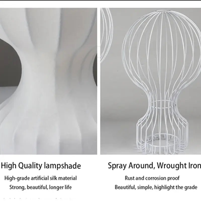 Minimalist white ribbed cocoon silk table lamp with spherical wireframe shade and curved base for bedroom decorbites gatto cocoon
