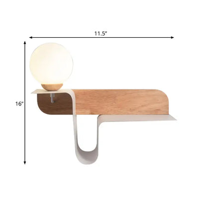 Minimalist white wall lamp with frosted glass bulb on curved wooden and metal base ideal for bedroom lighting
