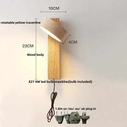 Minimalist wood and beige canopy led wall light with natural wood body and textured concrete shade for bedroom decorbites canopy led