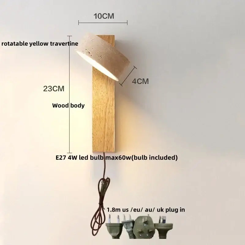 Minimalist wood and beige canopy led wall light with natural wood body and textured concrete shade for bedroom decorbites canopy led