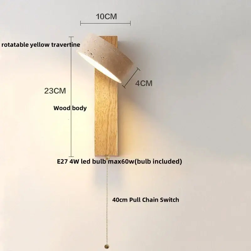 Minimalist wood and beige canopy led wall light with natural wood body and rotating yellow travertine shade for bedroom decorbites canopy led