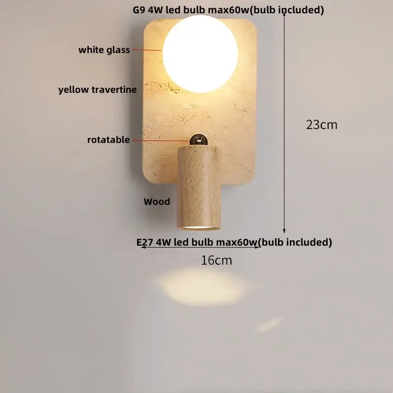 Minimalist wood and beige decorbites canopy led wall light with yellow travertine backplate and dual integrated bulbs