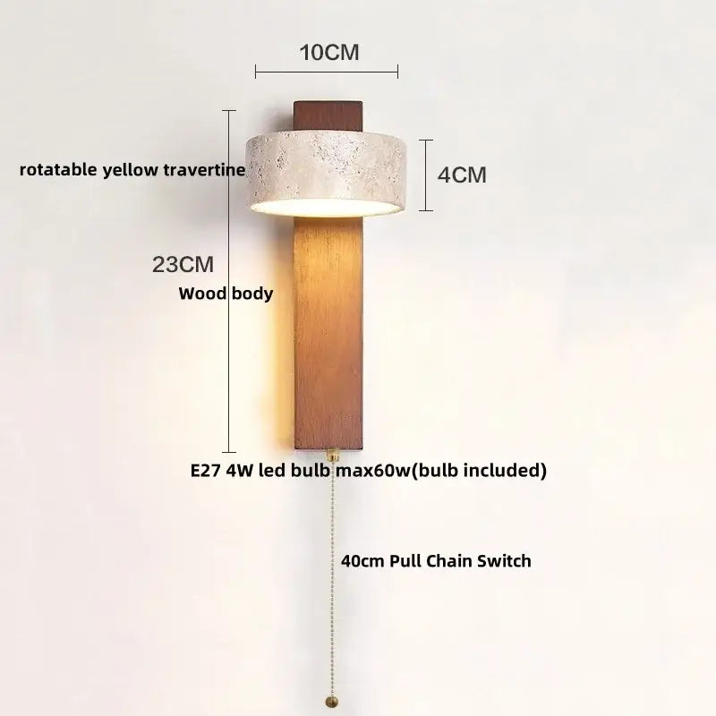 Minimalist wood and beige canopy led wall light with warm wood body, rotatable yellow travertine shade, and 4w led bulb