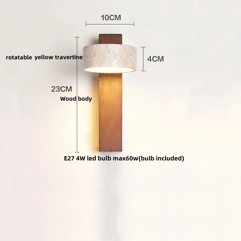 Minimalist wood and beige canopy led wall light with warm wood body and rotatable yellow travertine shade for decorbites canopy led
