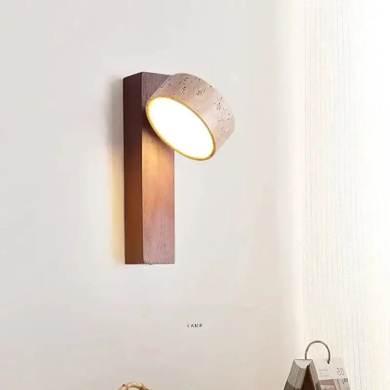 Modern minimalist wood and beige canopy led wall light with dark wood base and textured cylindrical lamp head for bedroom decorbites canopy led