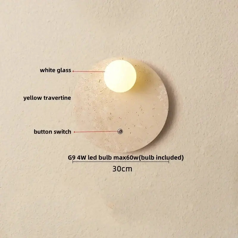 A minimalist wood and beige canopy led wall light with a yellow travertine base and white glass globe decorbites canopy led