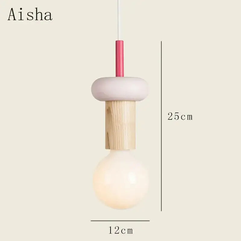 Aishaa minimalist wood and ceramic geometric bedroom pendant light with matte white ceramic donut and pink stem