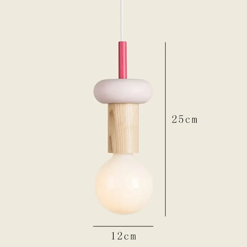 Minimalist wood and ceramic geometric bedroom pendant light with matte white donut top pink connector and natural wood middle