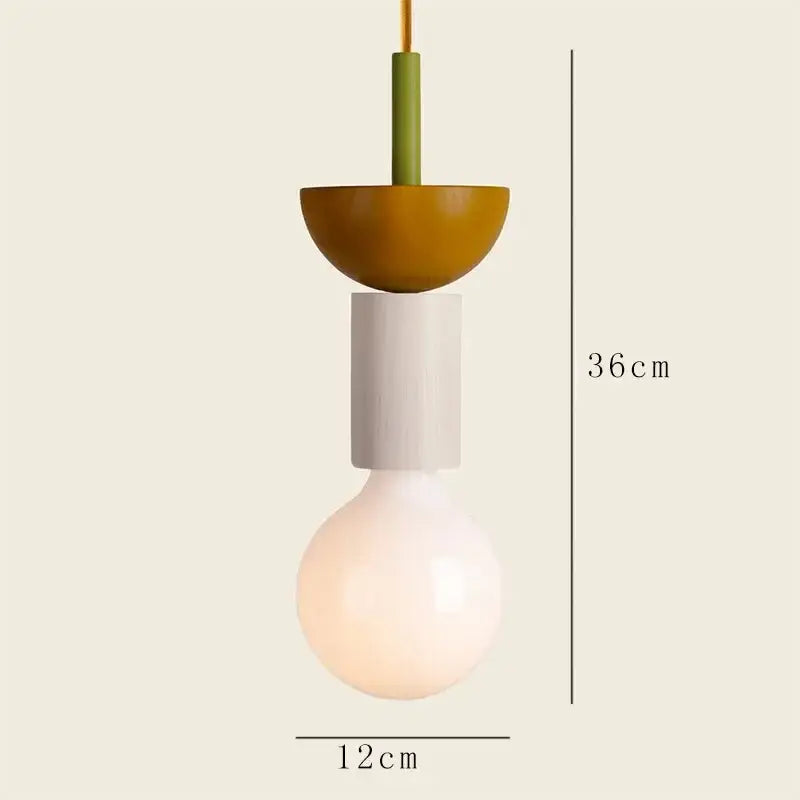 Minimalist wood and ceramic geometric bedroom pendant light featuring a matte mustard-yellow and white pendant light