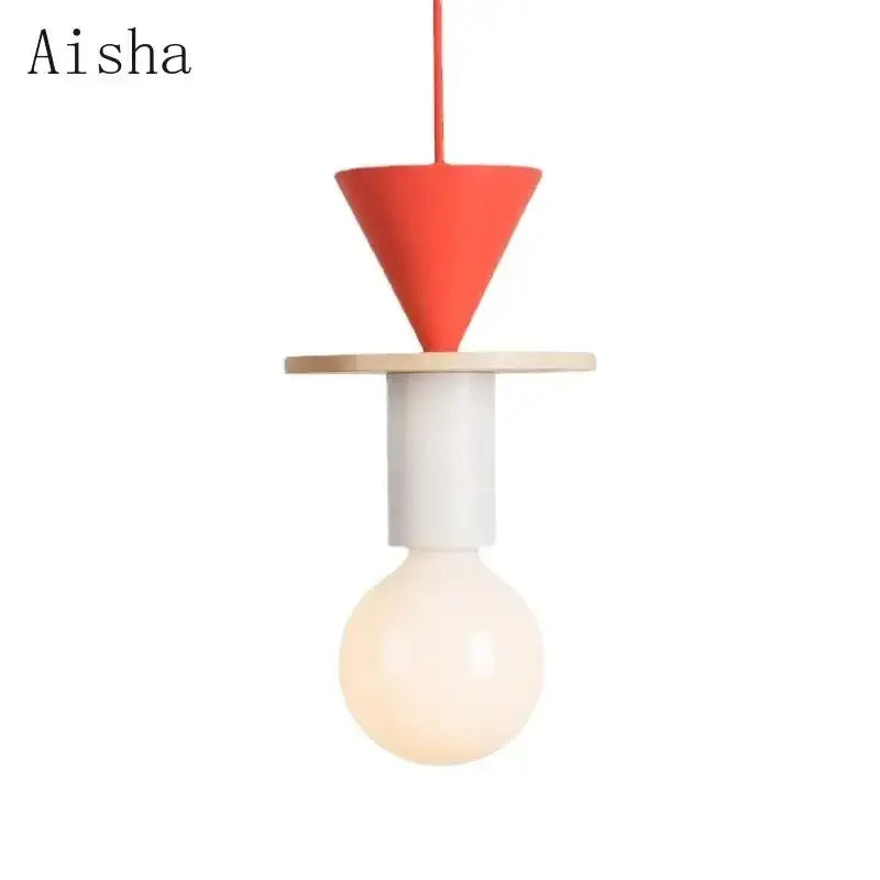 Minimalist wood and ceramic geometric bedroom pendant light with vibrant red conical top and white cylindrical middle section