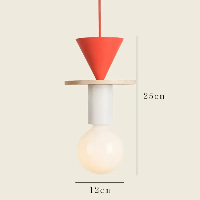 Minimalist wood and ceramic geometric bedroom pendant light with vibrant red top, white middle, natural wood disc, and glowing bulb