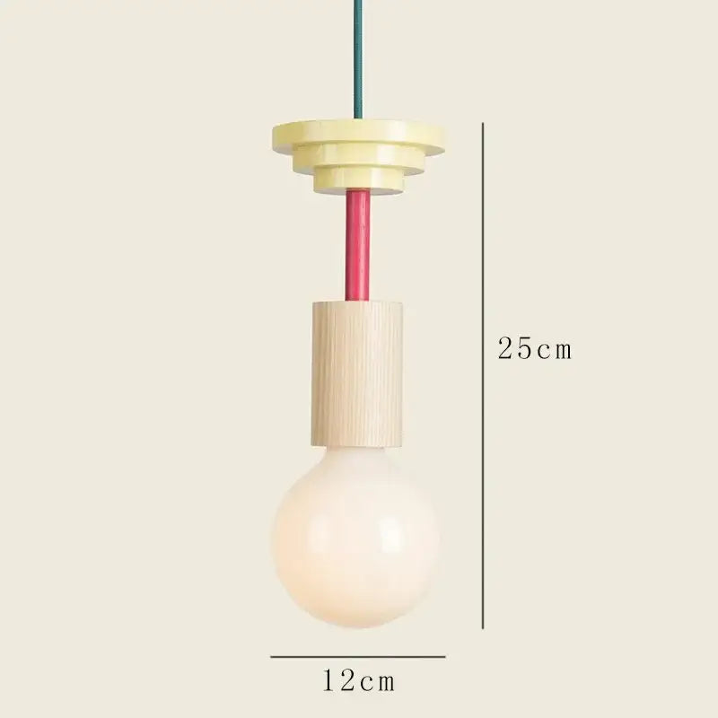 Minimalist wood and ceramic geometric bedroom pendant light with pale yellow top, wood middle, frosted glass bulb, teal cord decorbites geometric bedroom pendant