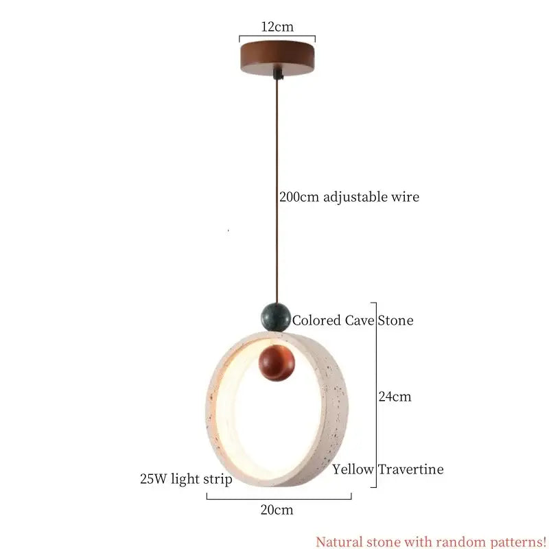 Minimalist wood and cuboid stone led pendant light with circular yellow travertine frame and colored cave stones for dining room decorbites cuboid stone
