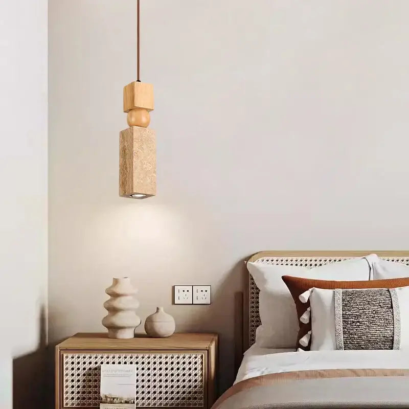 Minimalist wood and cuboid stone led pendant light with stacked geometric shapes and textured finish for dining room decorbites cuboid stone